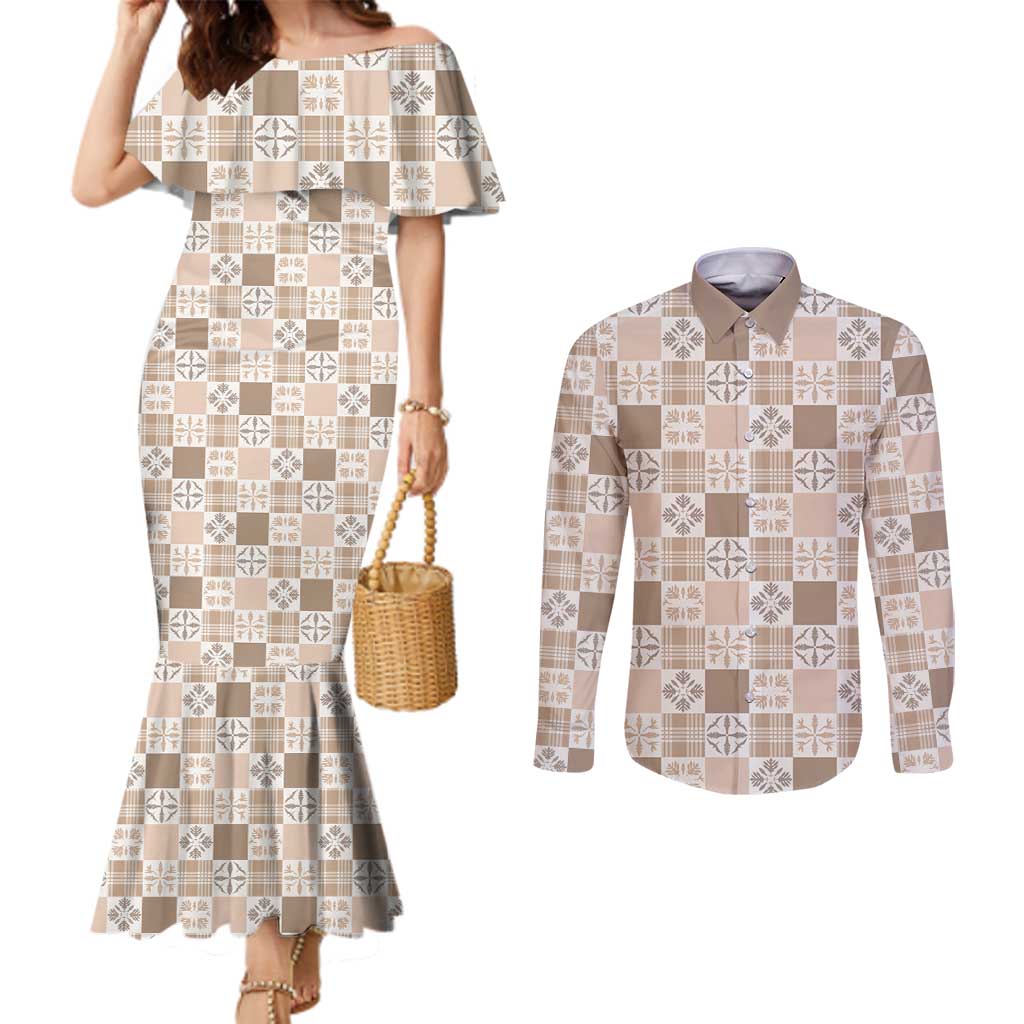 Hawaiian Palaka Quilt Pattern Couples Matching Mermaid Dress and Long Sleeve Button Shirt Hawaii Culture Bird of Paradise Exotic Motif - Polynesian Pride