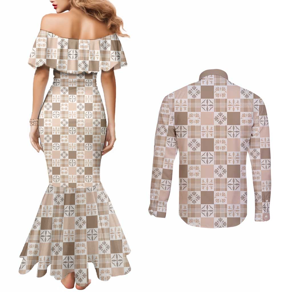 Hawaiian Palaka Quilt Pattern Couples Matching Mermaid Dress and Long Sleeve Button Shirt Hawaii Culture Bird of Paradise Exotic Motif LT9 - Polynesian Pride