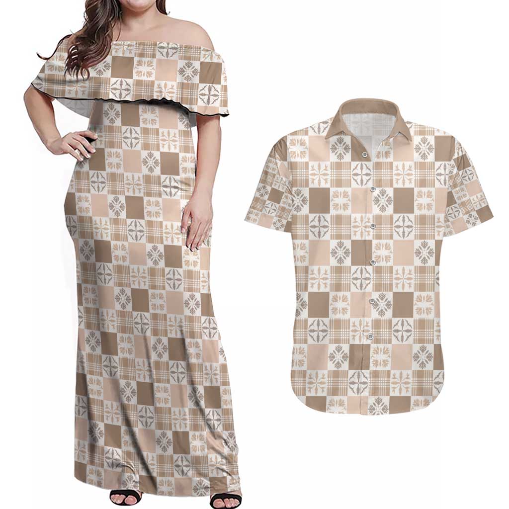 Hawaiian Palaka Quilt Pattern Couples Matching Off Shoulder Maxi Dress and Hawaiian Shirt Hawaii Culture Bird of Paradise Exotic Motif LT9 Beige - Polynesian Pride