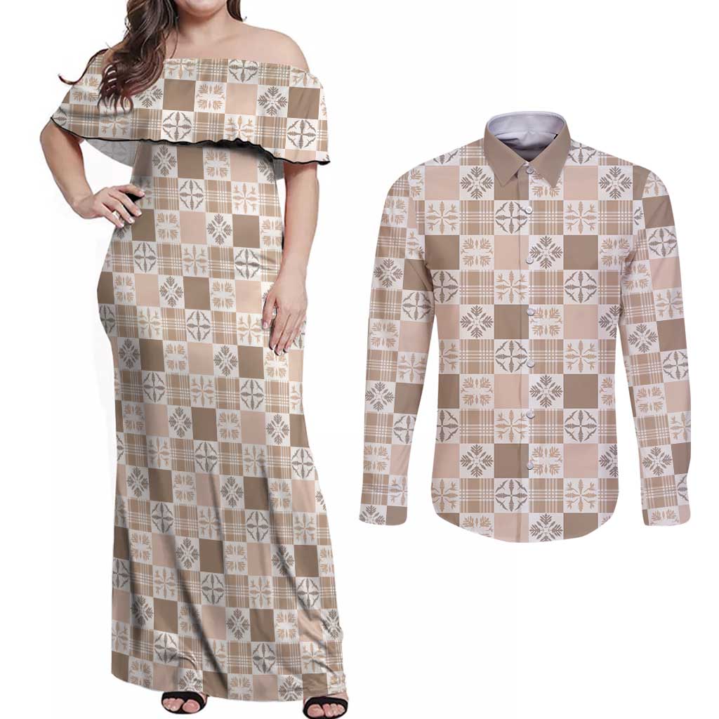 Hawaiian Palaka Quilt Pattern Couples Matching Off Shoulder Maxi Dress and Long Sleeve Button Shirt Hawaii Culture Bird of Paradise Exotic Motif LT9 Beige - Polynesian Pride
