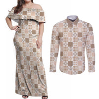 Hawaiian Palaka Quilt Pattern Couples Matching Off Shoulder Maxi Dress and Long Sleeve Button Shirt Hawaii Culture Bird of Paradise Exotic Motif LT9 Beige - Polynesian Pride