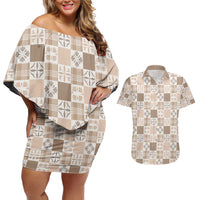Hawaiian Palaka Quilt Pattern Couples Matching Off Shoulder Short Dress and Hawaiian Shirt Hawaii Culture Bird of Paradise Exotic Motif LT9 Beige - Polynesian Pride