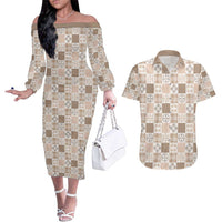 Hawaiian Palaka Quilt Pattern Couples Matching Off The Shoulder Long Sleeve Dress and Hawaiian Shirt Hawaii Culture Bird of Paradise Exotic Motif LT9 Beige - Polynesian Pride