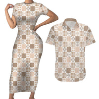 Hawaiian Palaka Quilt Pattern Couples Matching Short Sleeve Bodycon Dress and Hawaiian Shirt Hawaii Culture Bird of Paradise Exotic Motif LT9 Beige - Polynesian Pride