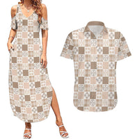 Hawaiian Palaka Quilt Pattern Couples Matching Summer Maxi Dress and Hawaiian Shirt Hawaii Culture Bird of Paradise Exotic Motif LT9 Beige - Polynesian Pride
