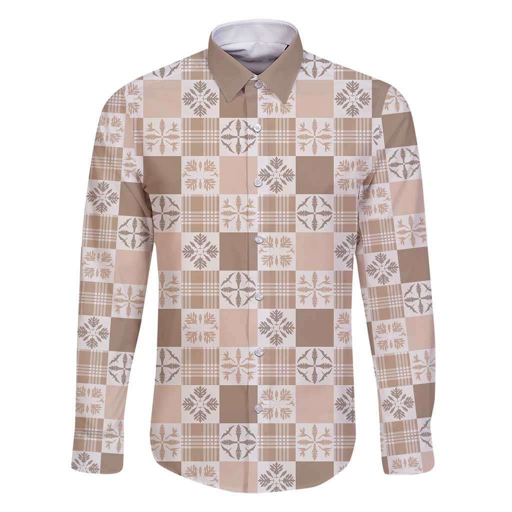 Hawaiian Palaka Quilt Pattern Family Matching Long Sleeve Bodycon Dress and Hawaiian Shirt Hawaii Culture Bird of Paradise Exotic Motif LT9 Dad's Shirt - Long Sleeve Beige - Polynesian Pride