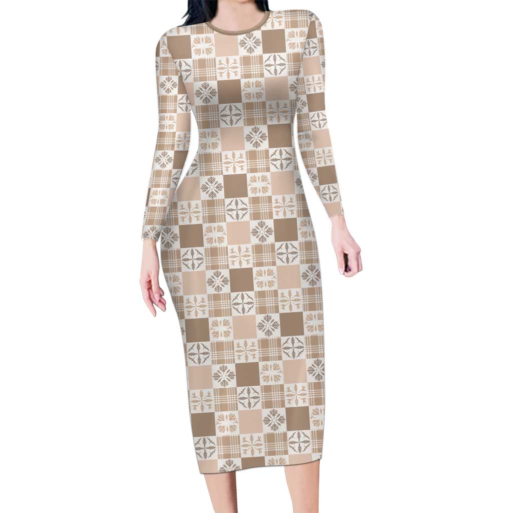 Hawaiian Palaka Quilt Pattern Family Matching Long Sleeve Bodycon Dress and Hawaiian Shirt Hawaii Culture Bird of Paradise Exotic Motif LT9 Mom's Dress Beige - Polynesian Pride
