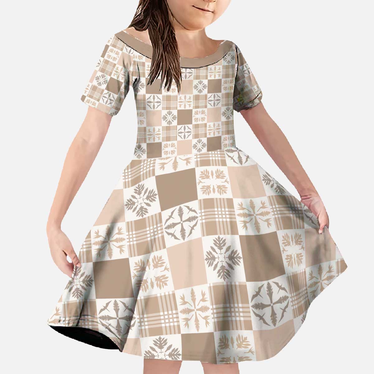 Hawaiian Palaka Quilt Pattern Family Matching Off The Shoulder Long Sleeve Dress and Hawaiian Shirt Hawaii Culture Bird of Paradise Exotic Motif LT9 Daughter's Dress Beige - Polynesian Pride