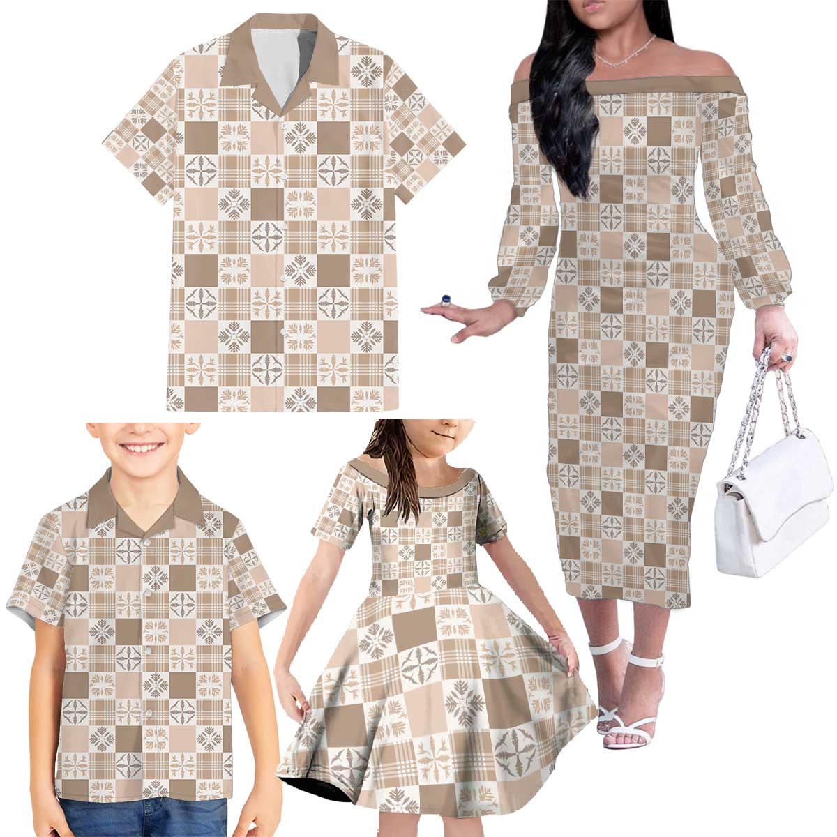 Hawaiian Palaka Quilt Pattern Family Matching Off The Shoulder Long Sleeve Dress and Hawaiian Shirt Hawaii Culture Bird of Paradise Exotic Motif LT9 - Polynesian Pride