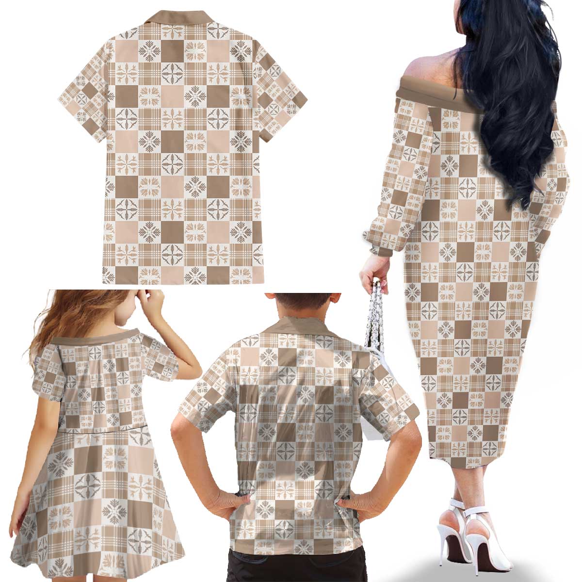 Hawaiian Palaka Quilt Pattern Family Matching Off The Shoulder Long Sleeve Dress and Hawaiian Shirt Hawaii Culture Bird of Paradise Exotic Motif LT9 - Polynesian Pride