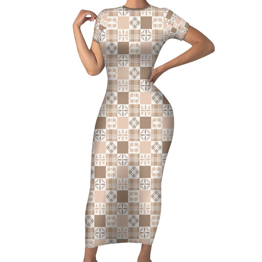 Hawaiian Palaka Quilt Pattern Family Matching Short Sleeve Bodycon Dress and Hawaiian Shirt Hawaii Culture Bird of Paradise Exotic Motif LT9 Mom's Dress Beige - Polynesian Pride