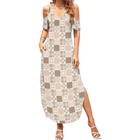 Hawaiian Palaka Quilt Pattern Family Matching Summer Maxi Dress and Hawaiian Shirt Hawaii Culture Bird of Paradise Exotic Motif LT9 Mom's Dress Beige - Polynesian Pride