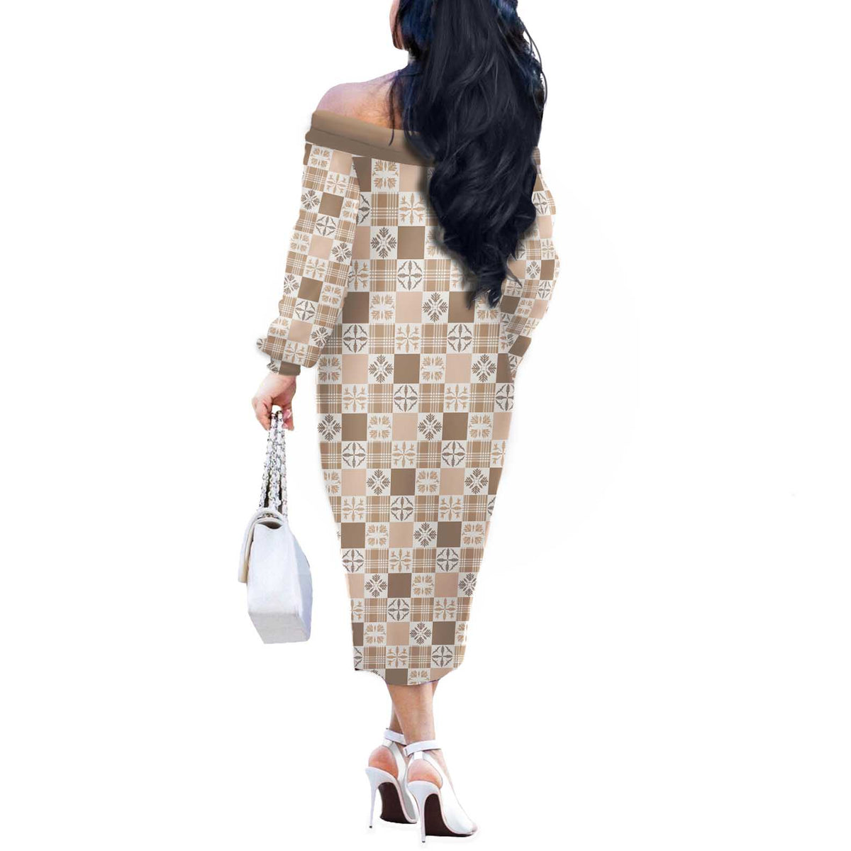 Hawaiian Palaka Quilt Pattern Off The Shoulder Long Sleeve Dress Hawaii Culture Bird of Paradise Exotic Motif LT9 - Polynesian Pride