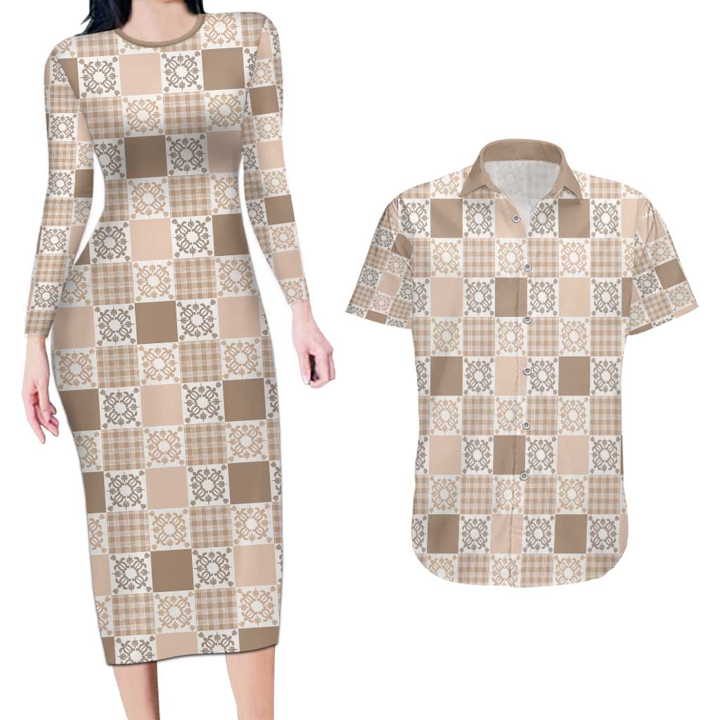 Hawaiian Palaka Quilt Pattern Couples Matching Long Sleeve Bodycon Dress and Hawaiian Shirt Hawaii Culture Honu Turtle - Polynesian Pride