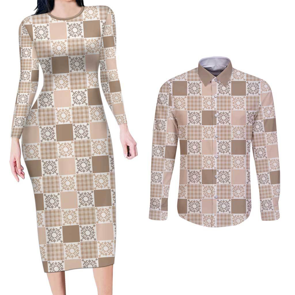 Hawaiian Palaka Quilt Pattern Couples Matching Long Sleeve Bodycon Dress and Long Sleeve Button Shirt Hawaii Culture Honu Turtle LT9 Beige - Polynesian Pride