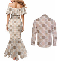 Hawaiian Palaka Quilt Pattern Couples Matching Mermaid Dress and Long Sleeve Button Shirt Hawaii Culture Honu Turtle - Polynesian Pride
