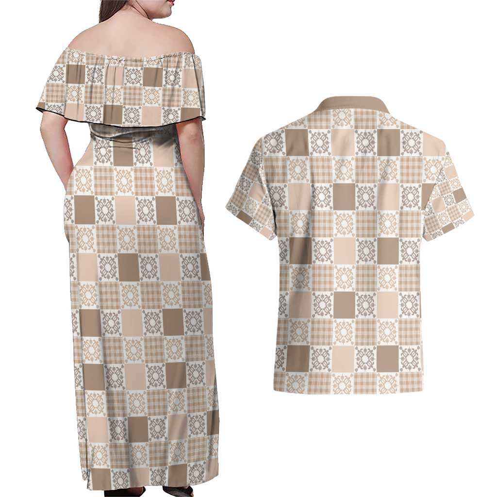 Hawaiian Palaka Quilt Pattern Couples Matching Off Shoulder Maxi Dress and Hawaiian Shirt Hawaii Culture Honu Turtle - Polynesian Pride