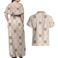 Hawaiian Palaka Quilt Pattern Couples Matching Off Shoulder Maxi Dress and Hawaiian Shirt Hawaii Culture Honu Turtle - Polynesian Pride