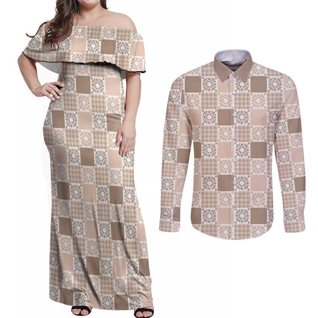 Hawaiian Palaka Quilt Pattern Couples Matching Off Shoulder Maxi Dress and Long Sleeve Button Shirt Hawaii Culture Honu Turtle LT9 Beige - Polynesian Pride