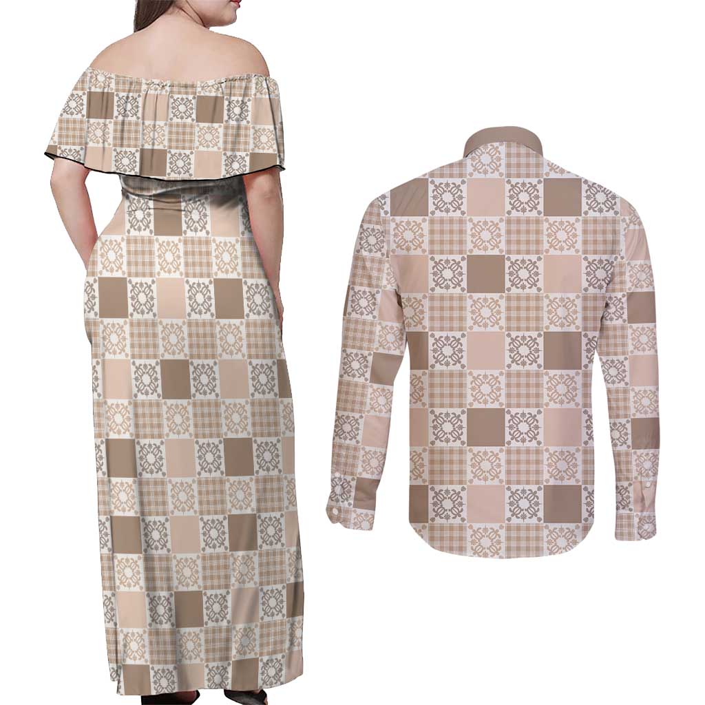 Hawaiian Palaka Quilt Pattern Couples Matching Off Shoulder Maxi Dress and Long Sleeve Button Shirt Hawaii Culture Honu Turtle - Polynesian Pride