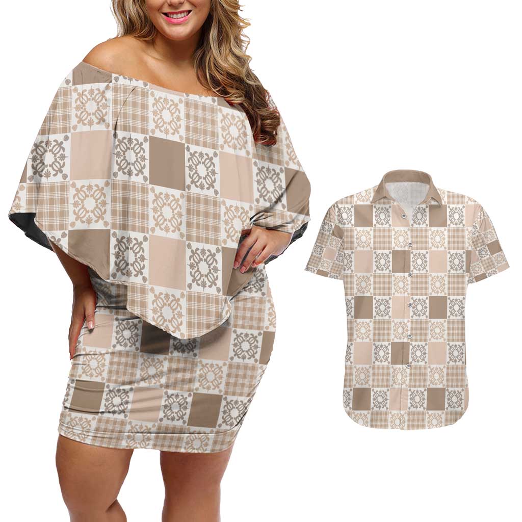 Hawaiian Palaka Quilt Pattern Couples Matching Off Shoulder Short Dress and Hawaiian Shirt Hawaii Culture Honu Turtle - Polynesian Pride