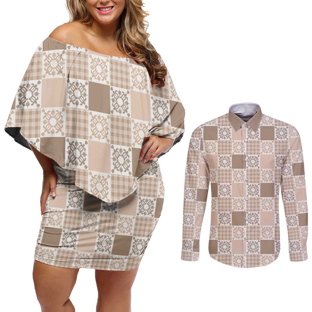 Hawaiian Palaka Quilt Pattern Couples Matching Off Shoulder Short Dress and Long Sleeve Button Shirt Hawaii Culture Honu Turtle LT9 Beige - Polynesian Pride