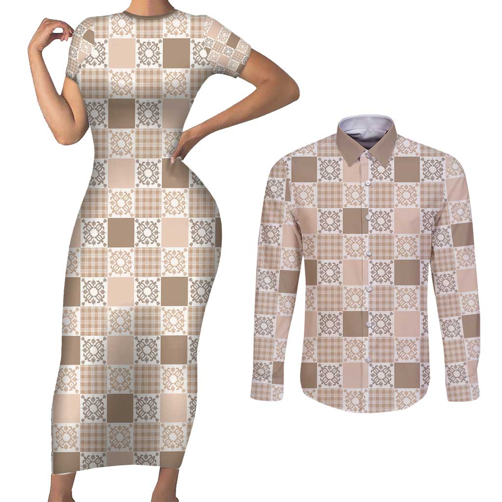 Hawaiian Palaka Quilt Pattern Couples Matching Short Sleeve Bodycon Dress and Long Sleeve Button Shirt Hawaii Culture Honu Turtle LT9 Beige - Polynesian Pride