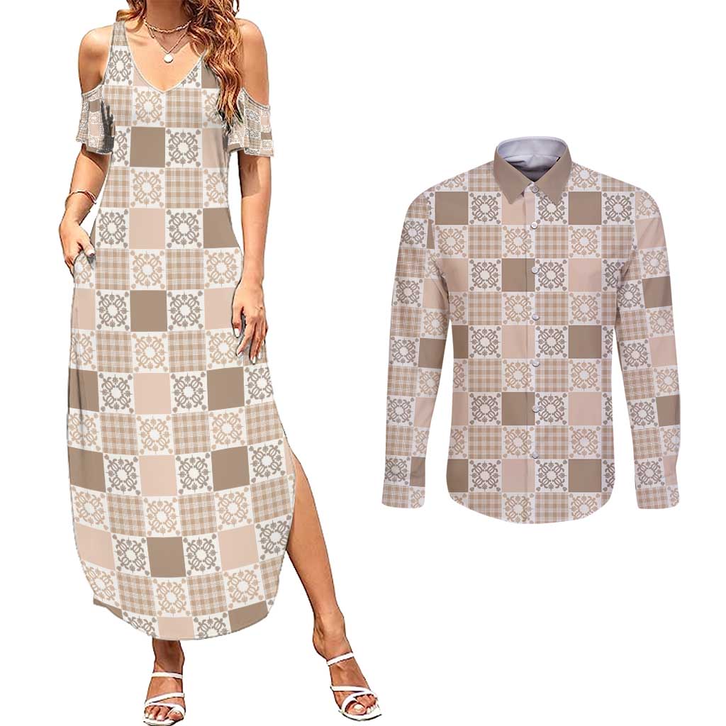 Hawaiian Palaka Quilt Pattern Couples Matching Summer Maxi Dress and Long Sleeve Button Shirt Hawaii Culture Honu Turtle LT9 Beige - Polynesian Pride