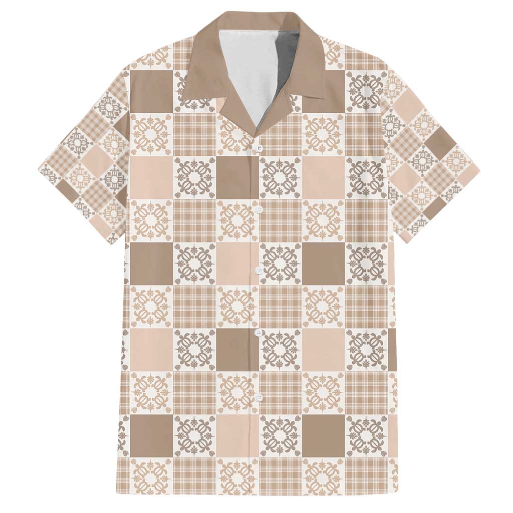 Hawaiian Palaka Quilt Pattern Family Matching Long Sleeve Bodycon Dress and Hawaiian Shirt Hawaii Culture Honu Turtle LT9 Dad's Shirt - Short Sleeve Beige - Polynesian Pride