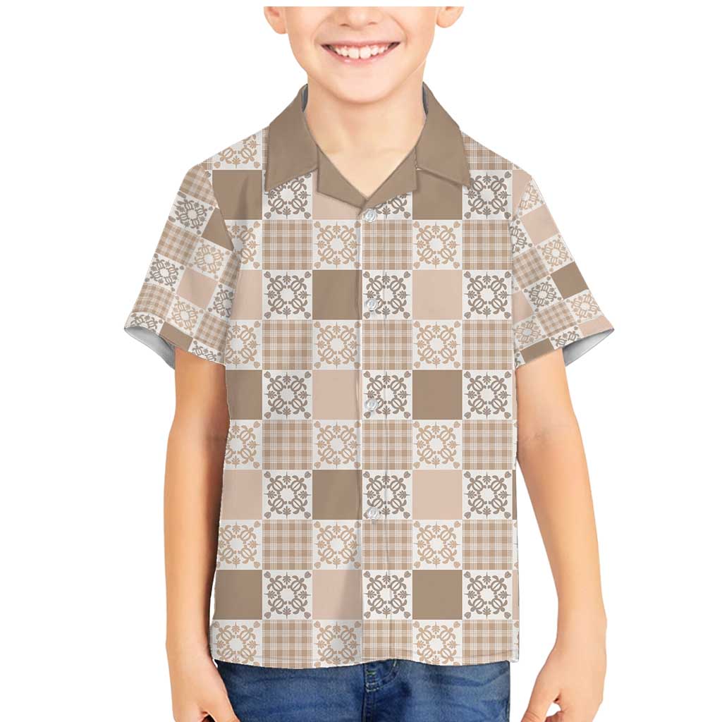 Hawaiian Palaka Quilt Pattern Family Matching Mermaid Dress and Hawaiian Shirt Hawaii Culture Honu Turtle LT9 Son's Shirt Beige - Polynesian Pride