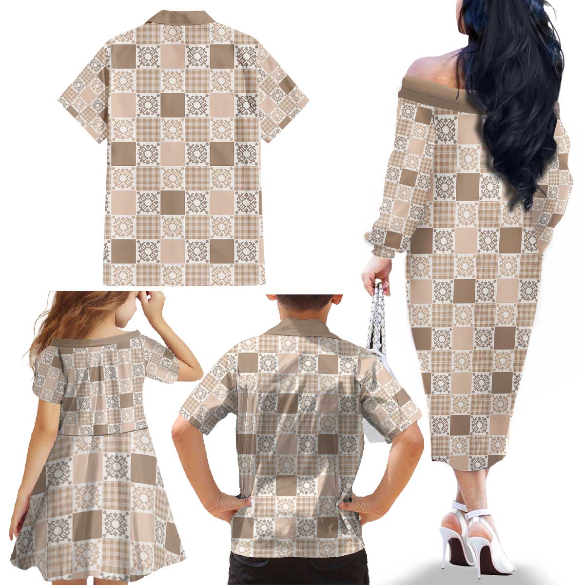 Hawaiian Palaka Quilt Pattern Family Matching Off The Shoulder Long Sleeve Dress and Hawaiian Shirt Hawaii Culture Honu Turtle LT9 - Polynesian Pride