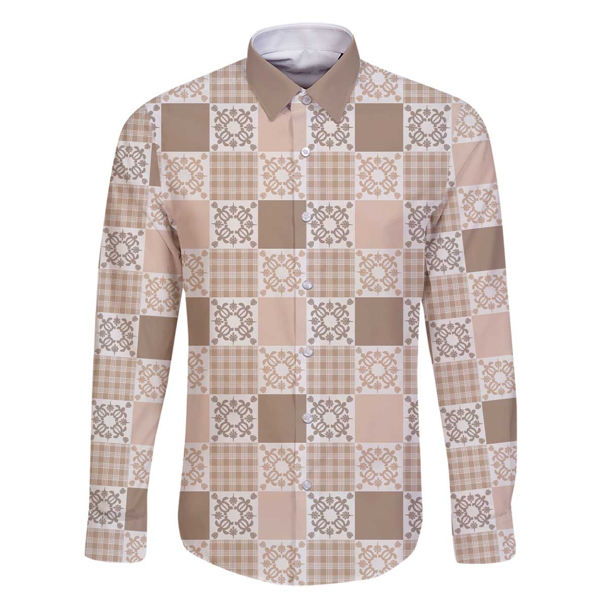 Hawaiian Palaka Quilt Pattern Family Matching Off The Shoulder Long Sleeve Dress and Hawaiian Shirt Hawaii Culture Honu Turtle LT9 Dad's Shirt - Long Sleeve Beige - Polynesian Pride