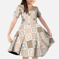 Hawaiian Palaka Quilt Pattern Family Matching Off Shoulder Maxi Dress and Hawaiian Shirt Hawaii Culture Honu Turtle LT9 Daughter's Dress Beige - Polynesian Pride