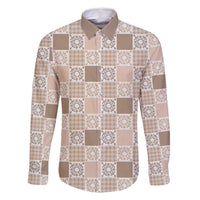 Hawaiian Palaka Quilt Pattern Family Matching Off Shoulder Maxi Dress and Hawaiian Shirt Hawaii Culture Honu Turtle LT9 Dad's Shirt - Long Sleeve Beige - Polynesian Pride