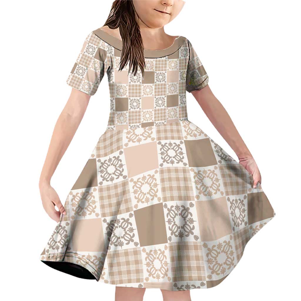 Hawaiian Palaka Quilt Pattern Family Matching Off Shoulder Short Dress and Hawaiian Shirt Hawaii Culture Honu Turtle LT9 Daughter's Dress Beige - Polynesian Pride