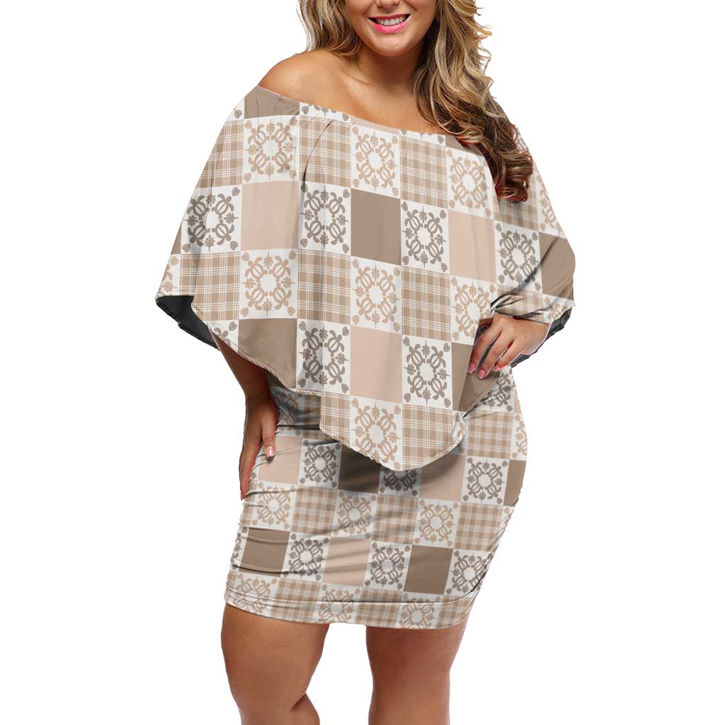 Hawaiian Palaka Quilt Pattern Family Matching Off Shoulder Short Dress and Hawaiian Shirt Hawaii Culture Honu Turtle LT9 Mom's Dress Beige - Polynesian Pride