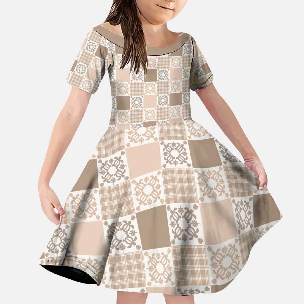Hawaiian Palaka Quilt Pattern Family Matching Short Sleeve Bodycon Dress and Hawaiian Shirt Hawaii Culture Honu Turtle LT9 Daughter's Dress Beige - Polynesian Pride