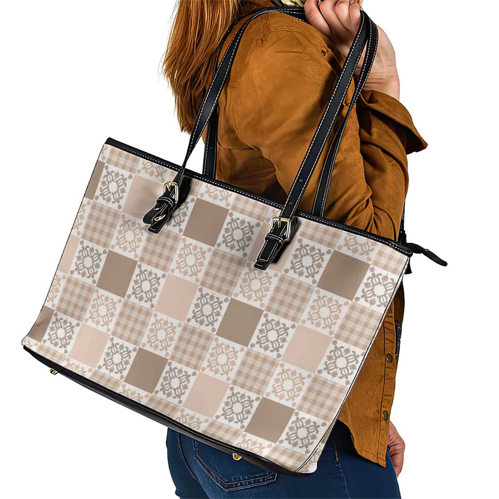 Hawaiian Palaka Quilt Pattern Leather Tote Bag Hawaii Culture Honu Turtle - Polynesian Pride