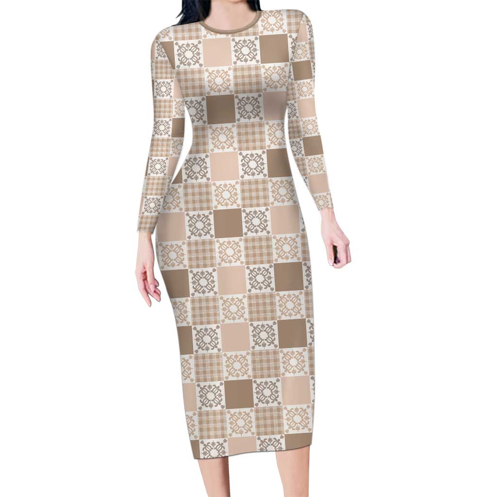 Hawaiian Palaka Quilt Pattern Long Sleeve Bodycon Dress Hawaii Culture Honu Turtle - Polynesian Pride