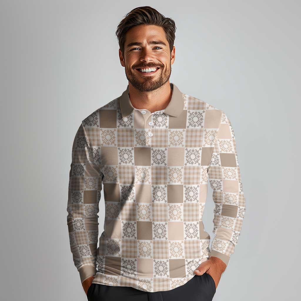 Hawaiian Palaka Quilt Pattern Long Sleeve Polo Shirt Hawaii Culture Honu Turtle - Polynesian Pride