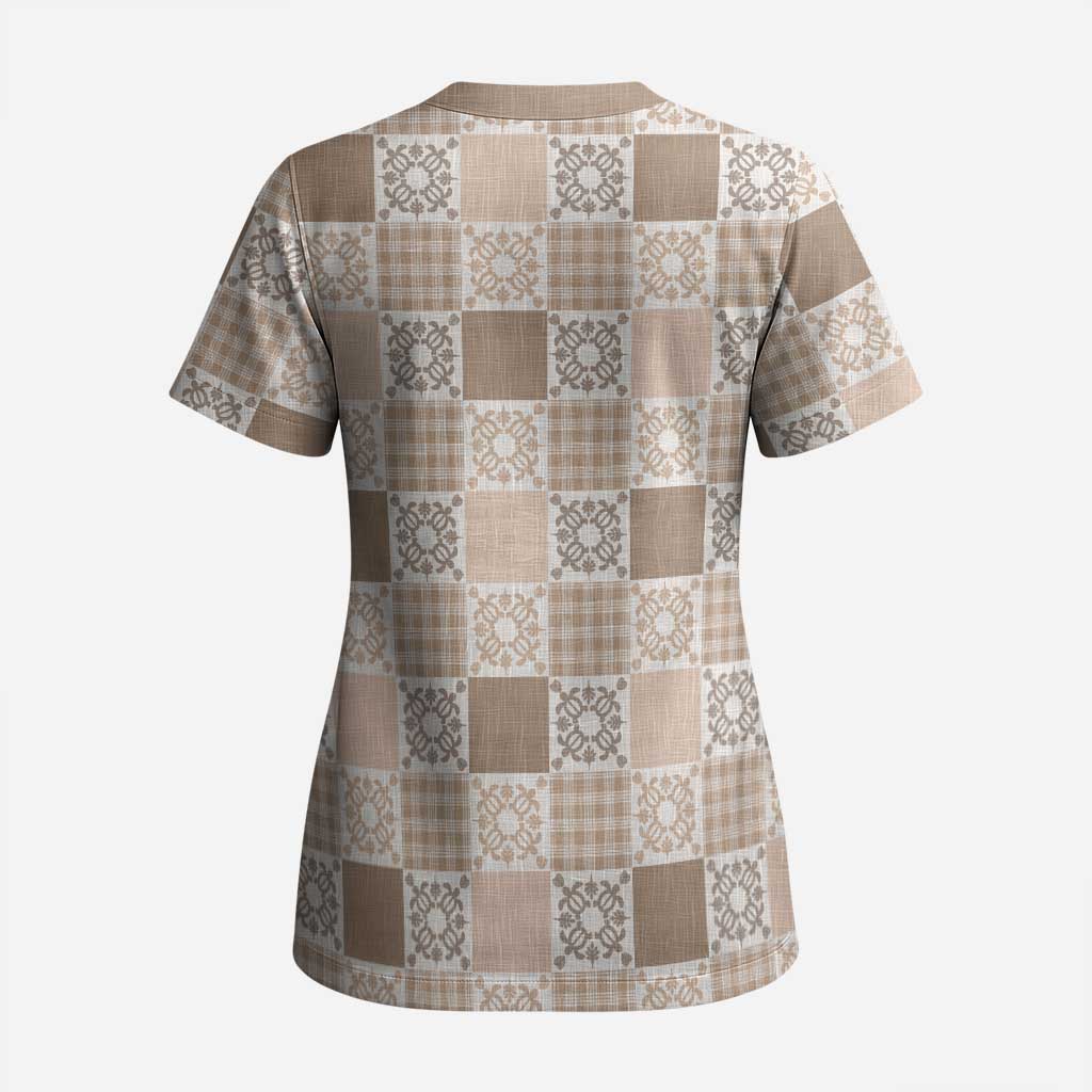 Hawaiian Palaka Quilt Pattern Scrub Top Hawaii Culture Honu Turtle - Polynesian Pride