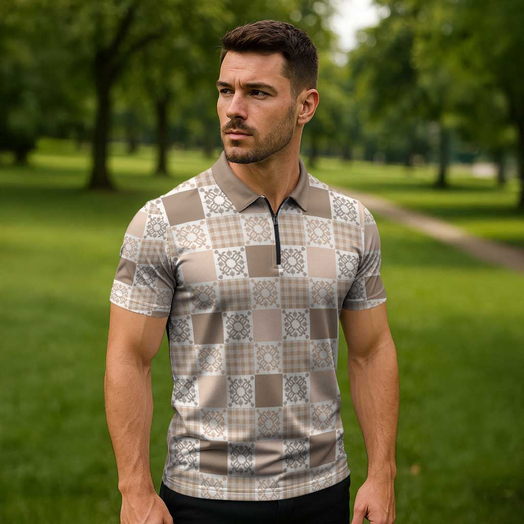Hawaiian Palaka Quilt Pattern Zipper Polo Shirt Hawaii Culture Honu Turtle - Polynesian Pride
