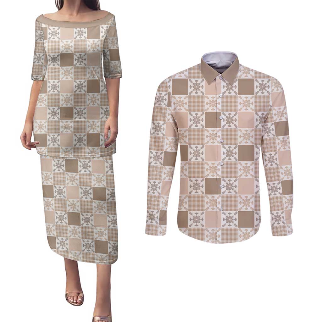 Hawaiian Palaka Quilt Pattern Couples Matching Puletasi and Long Sleeve Button Shirt Hawaii Culture Pineapple - Polynesian Pride