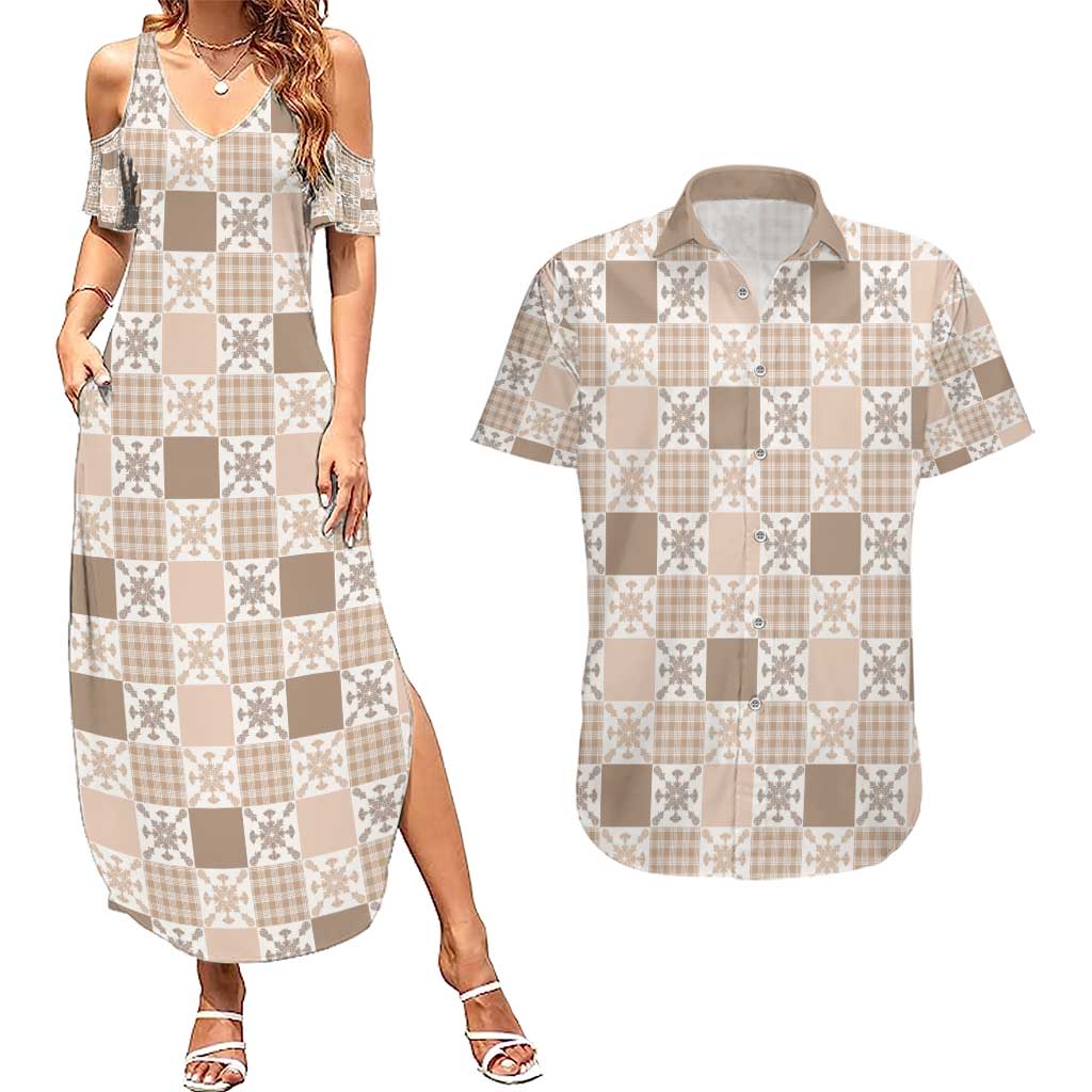 Hawaiian Palaka Quilt Pattern Couples Matching Summer Maxi Dress and Hawaiian Shirt Hawaii Culture Pineapple - Polynesian Pride