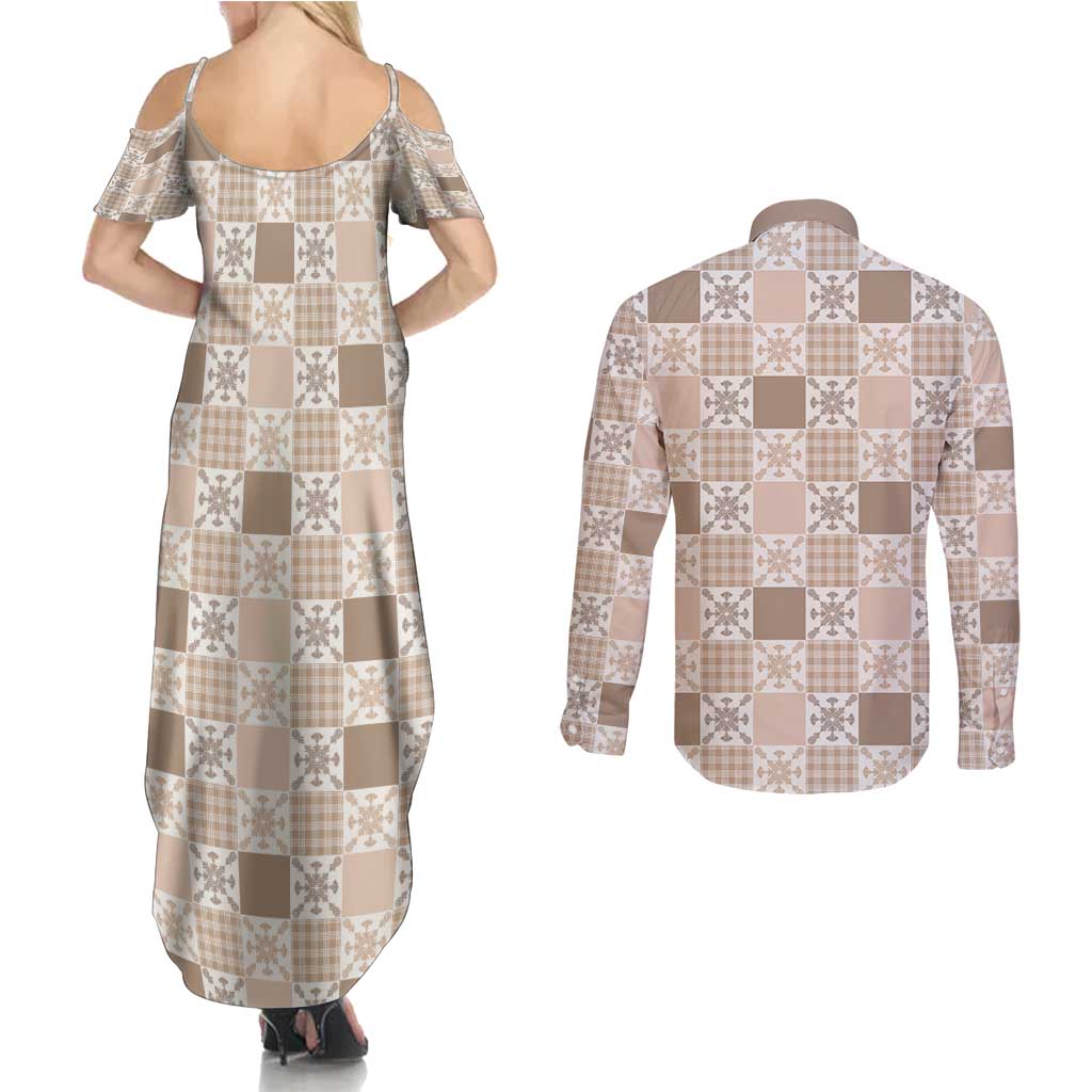 Hawaiian Palaka Quilt Pattern Couples Matching Summer Maxi Dress and Long Sleeve Button Shirt Hawaii Culture Pineapple - Polynesian Pride