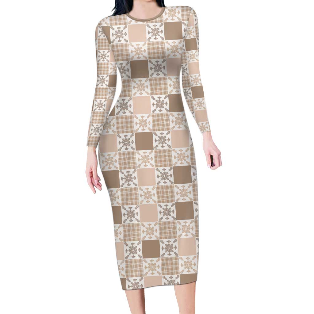 Hawaiian Palaka Quilt Pattern Family Matching Long Sleeve Bodycon Dress and Hawaiian Shirt Hawaii Culture Pineapple LT9 Mom's Dress Beige - Polynesian Pride