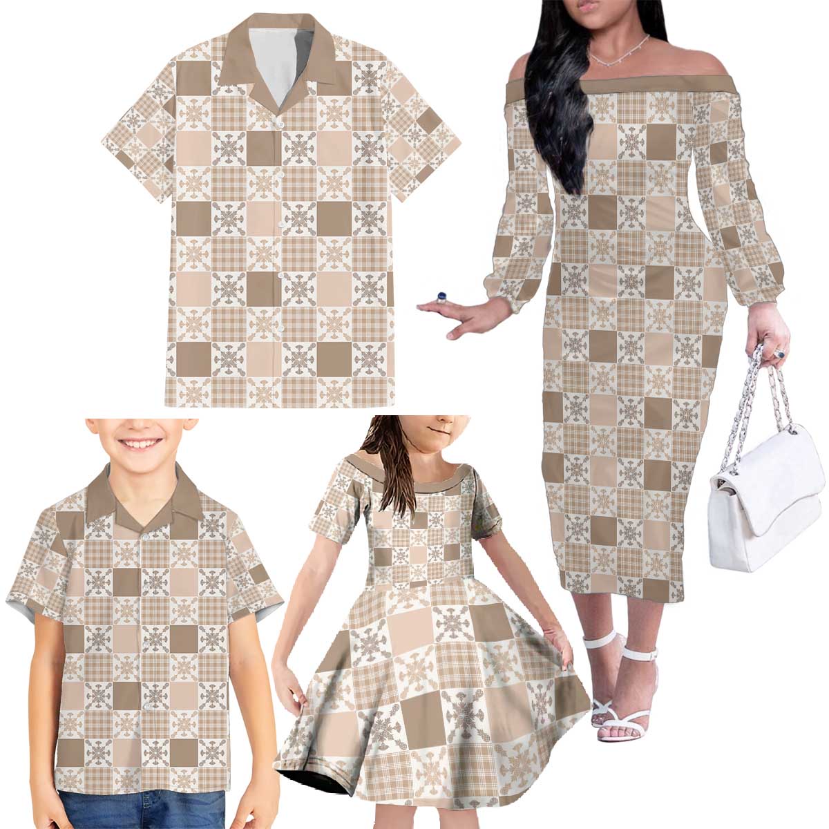 Hawaiian Palaka Quilt Pattern Family Matching Off The Shoulder Long Sleeve Dress and Hawaiian Shirt Hawaii Culture Pineapple - Polynesian Pride
