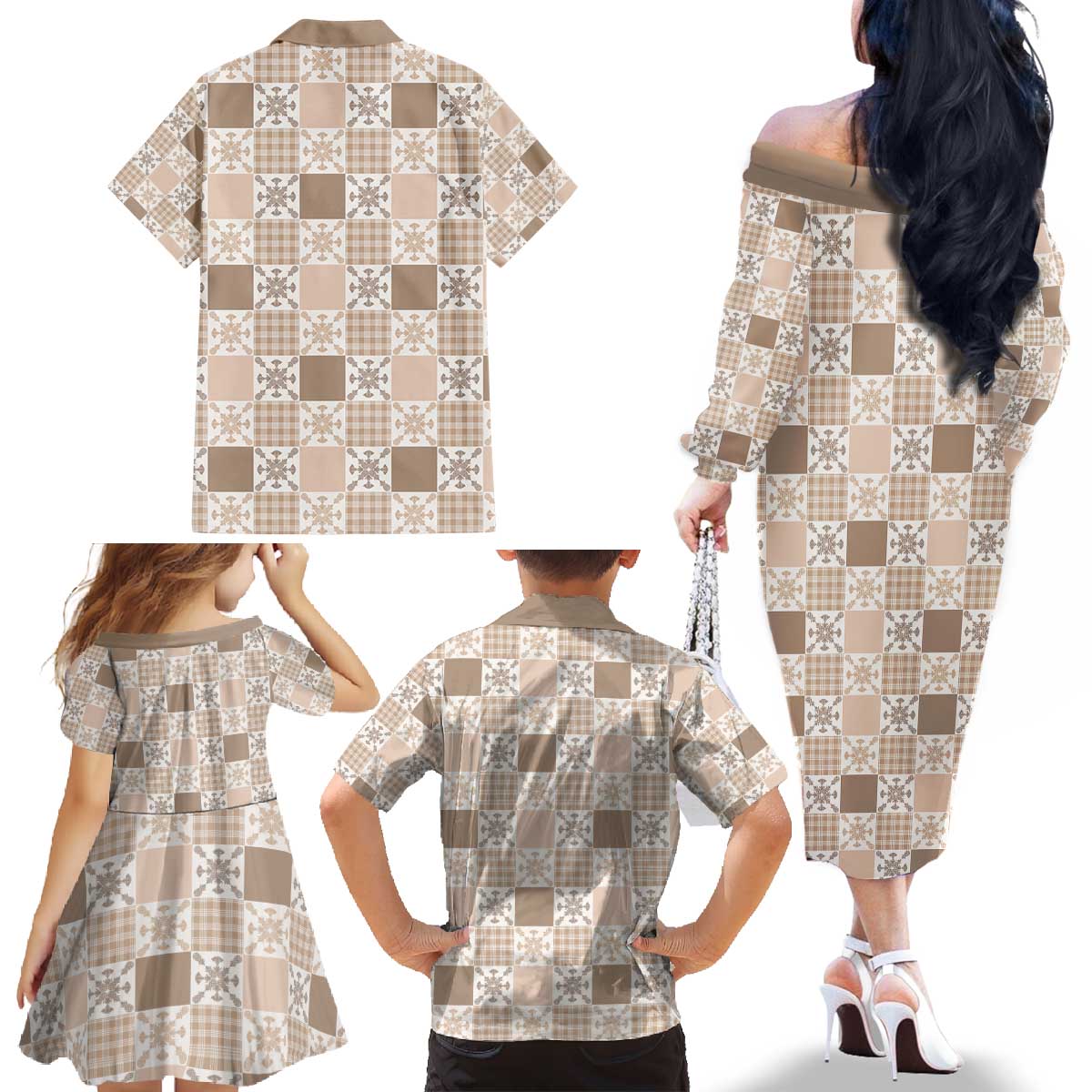 Hawaiian Palaka Quilt Pattern Family Matching Off The Shoulder Long Sleeve Dress and Hawaiian Shirt Hawaii Culture Pineapple LT9 - Polynesian Pride