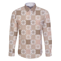 Hawaiian Palaka Quilt Pattern Family Matching Off The Shoulder Long Sleeve Dress and Hawaiian Shirt Hawaii Culture Pineapple LT9 Dad's Shirt - Long Sleeve Beige - Polynesian Pride