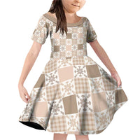 Hawaiian Palaka Quilt Pattern Family Matching Off Shoulder Short Dress and Hawaiian Shirt Hawaii Culture Pineapple LT9 Daughter's Dress Beige - Polynesian Pride